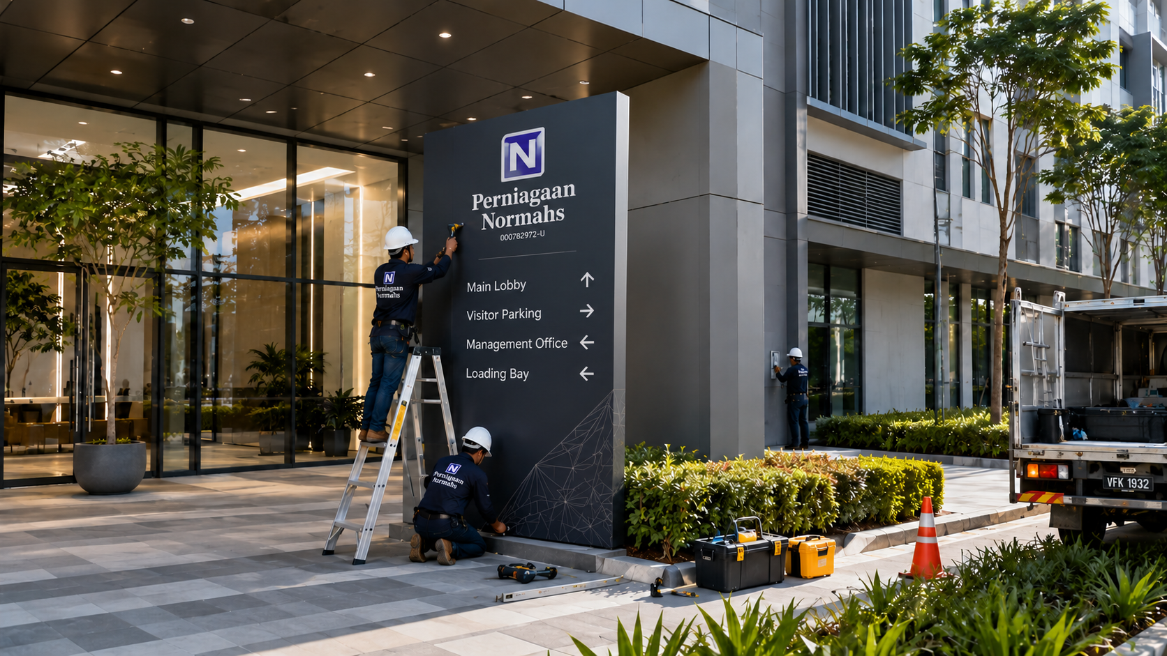 Papan tanda Perniagaan Normahs sedang dipasang